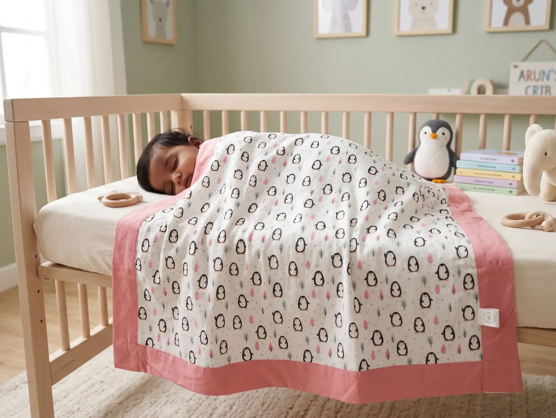 Premium 6 layer Baby blanket - Penquin (0-3 Months)